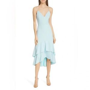ALICE + OLIVIA Amina Fitted Dress Sz 6 Pastel Blue Ruffle Cocktail Wedding Midi